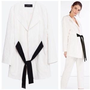 Zara White Long Jacquard Blazer Jacket Sash Tie